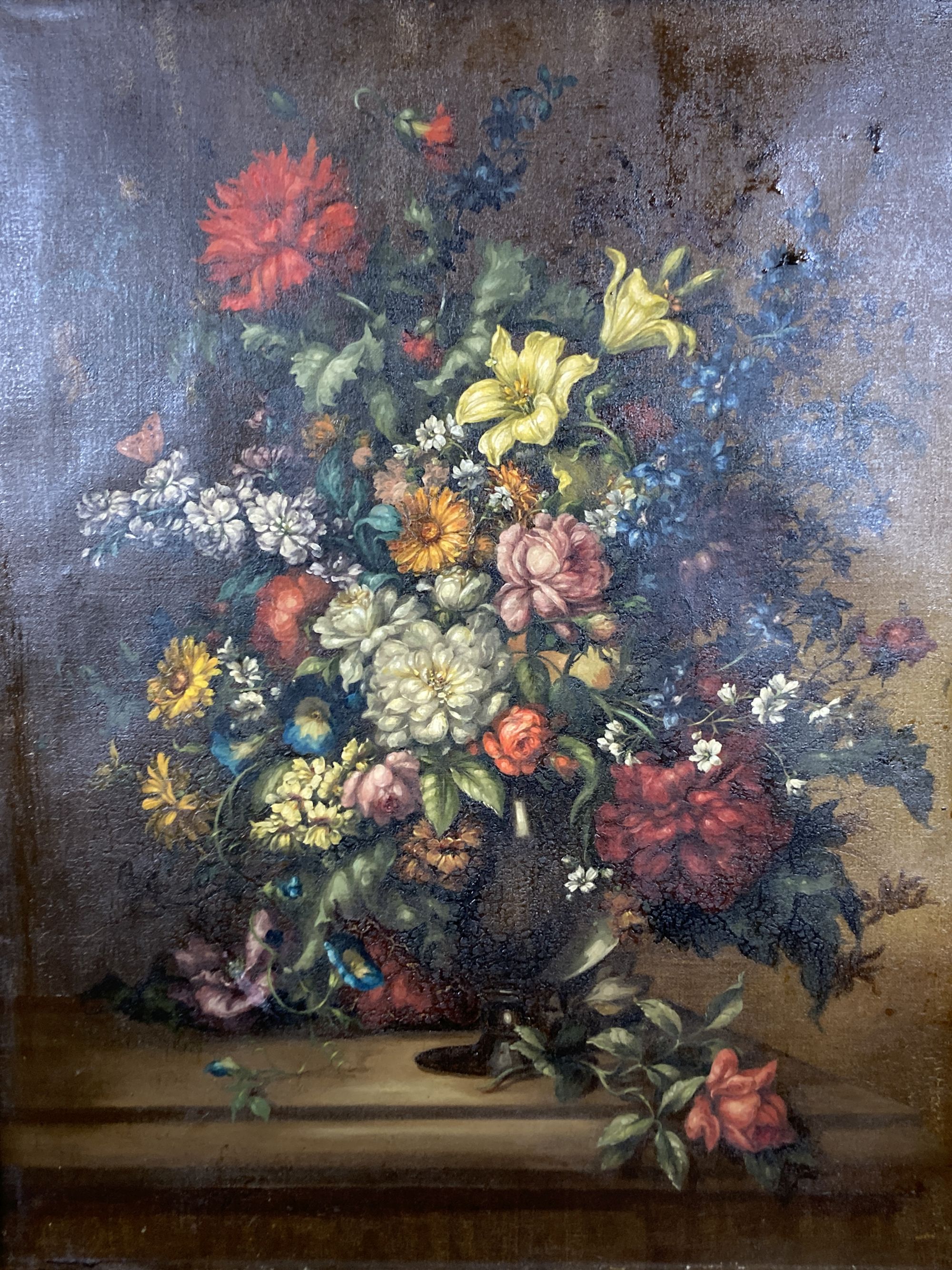 English School c.1900, oil on canvas, Still life of flowers in a vase upon a ledge, 60 x 50cm